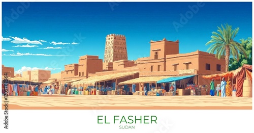 El fasher Sudan Travel Poster Flat Illustration Print Decor Gift Canvas Wall Art Gift photo