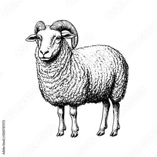 Detailed illustration of a sheep with prominent horns standing in profile on a white background. Generative AI