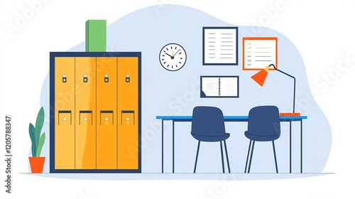 Office room with lockers, two chairs, desk, and plant in cartoon style design for illustration