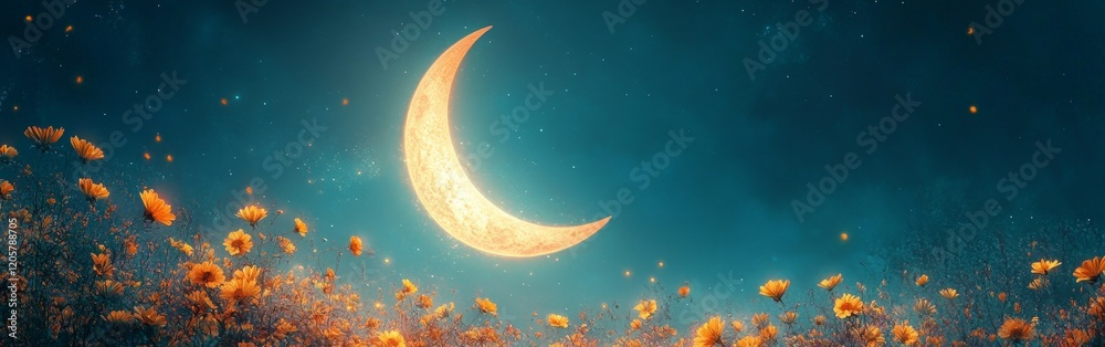 Naklejka premium A decorative crescent moon framed by golden flowers against a vibrant textured blue background. Ideal for art and decorative projects.