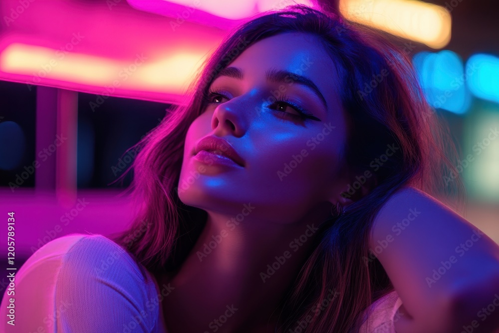 Fototapeta premium Model posing in neon lights during evening hours in an urban setting