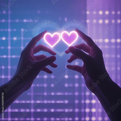 A surreal abstract design showing two digital silhouettes reaching toward each other, with glowing hearts emerging from their hands. photo