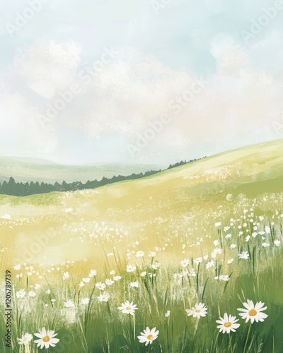 A rolling meadow with scattered daisies and a soft pastel sky, minimal grain and shadows, capturing the essence of spring in a simple, elegant illustration in 4 by 5 proportion