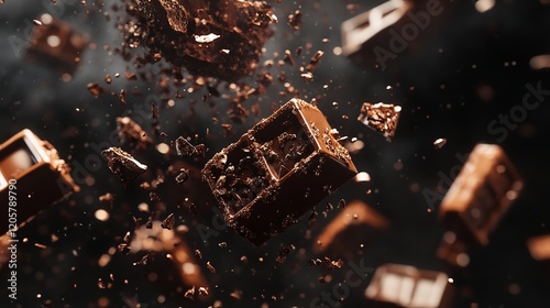 Delicious Chocolate Bar Pieces Falling into Chocolate Splash

 photo