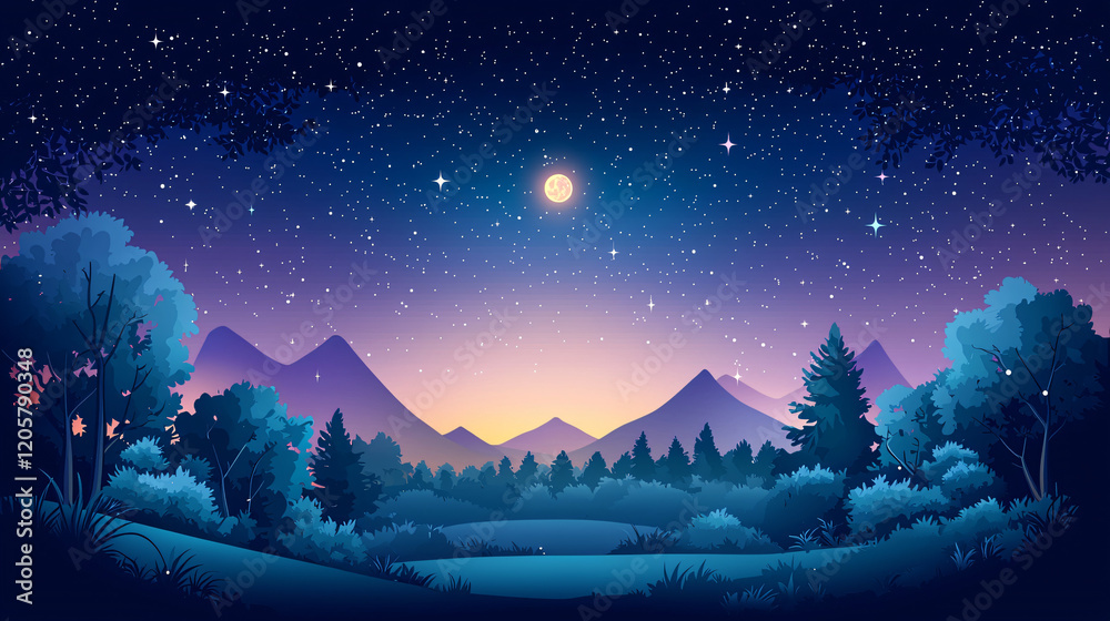 Fototapeta premium A vibrant retro-style nighttime sky with deep blues and purples, bold stars, and a glowing moon over a serene landscape with stylized trees and mountains. 