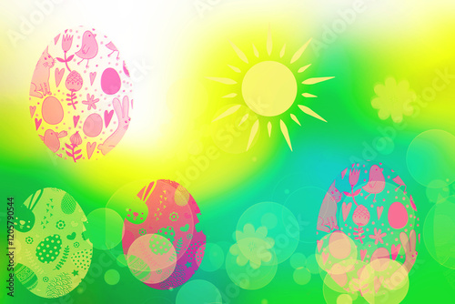 Happy easter card. Abstract light green yellow spring happy easter background with colorful eggs on meadow and bright sunshine. Copy space. Beautiful texture for design.