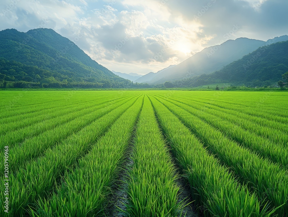 Lush green rice fields stretch under a cloudy sky, framed by distant mountains. Lush green rice fields stretch under a cloudy sky, framed by distant mountains.