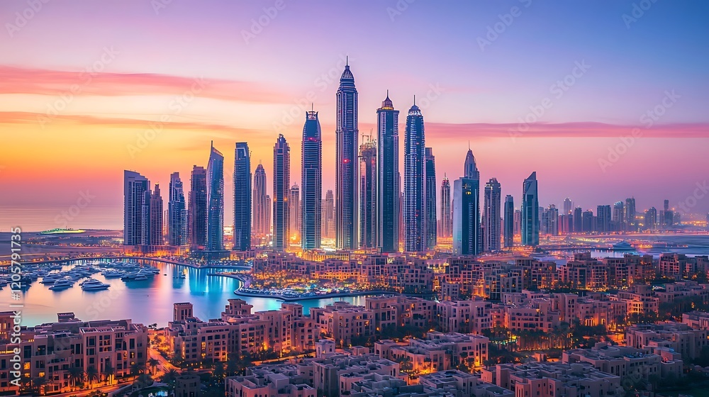 Obraz premium A panoramic view of a vibrant city skyline at sunset, showcasing a mix of towering skyscrapers and modern buildings glowing with lights