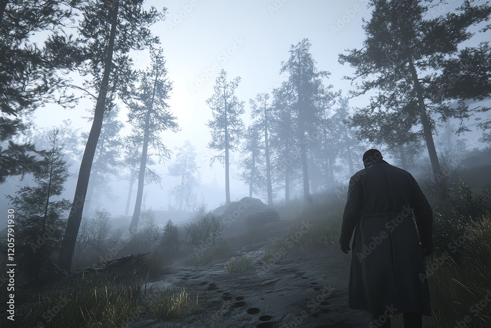 Mysterious man walks through a foggy forest path.  Dark, atmospheric scene. Ideal for thriller, mystery, or suspense themes.