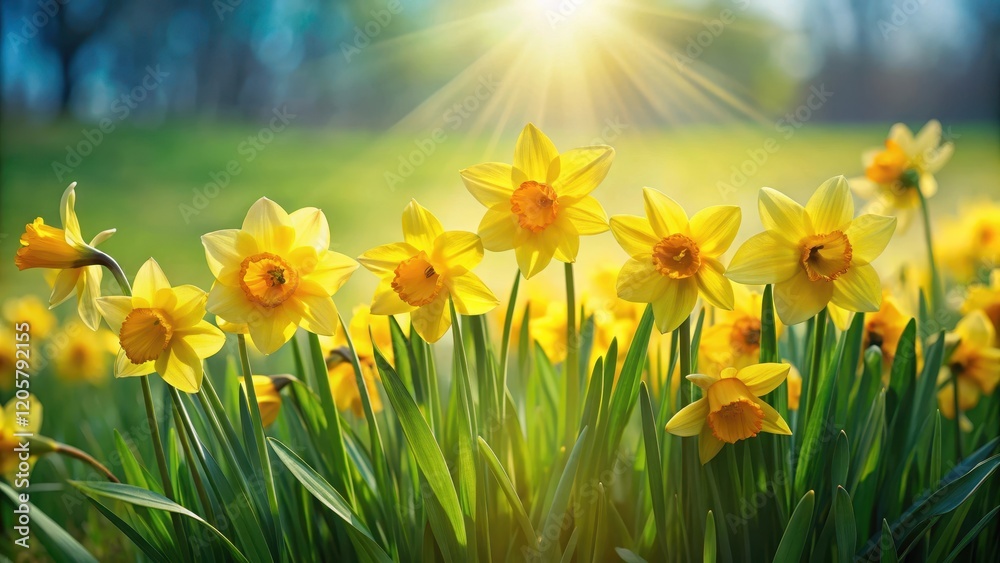 Obraz premium Large cluster of vibrant yellow daffodils swaying gently in the breeze amidst lush green grass and sunshine, field, flowers