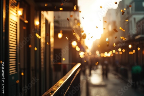 low-key lighting captures bourbon street balcony adorned with super bowl decorations vibrant beads and neon-lit flags
