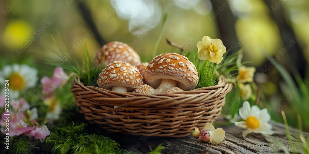 Colorful mushrooms in a woven basket surrounded by flowers Colorful mushrooms in a woven basket surrounded by flowers