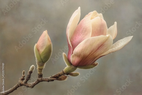 detailed close-up of magnolia blossom just beginning to open its soft textures and colors in focus photo