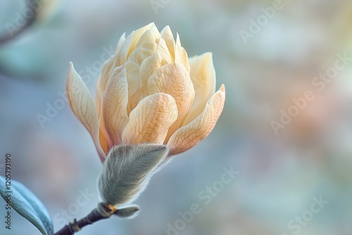 detailed close-up of magnolia blossom just beginning to open its soft textures and colors in focus photo