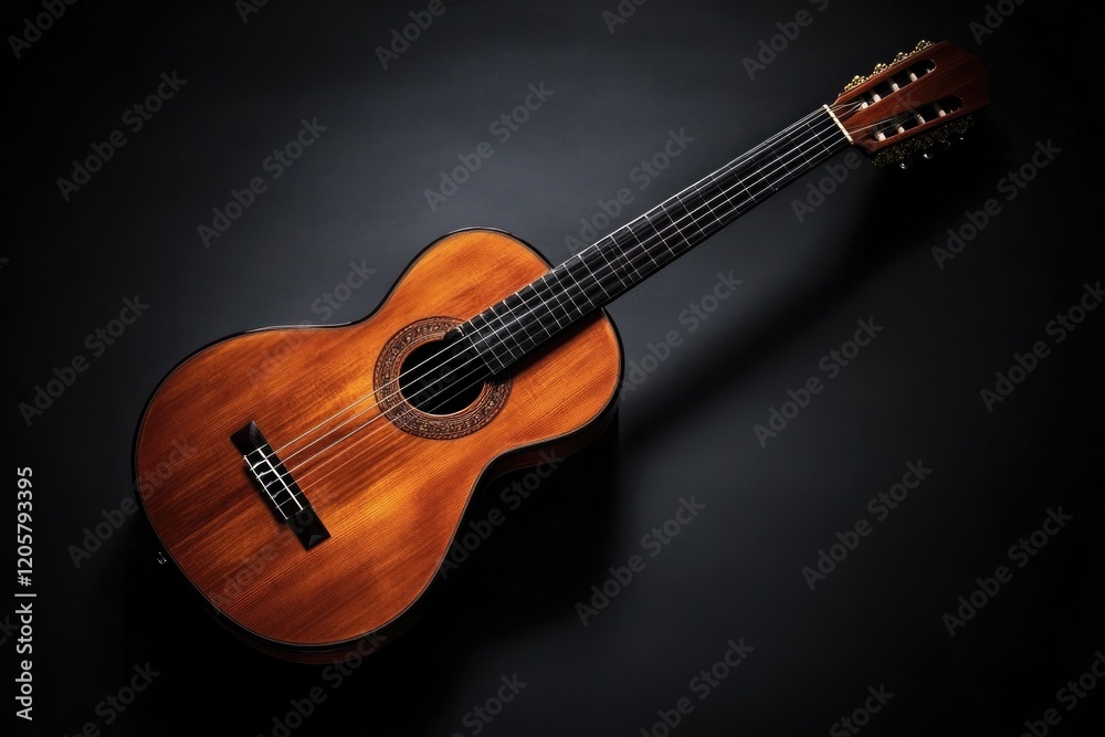 Fototapeta premium dramatic image of classical guitar resting on minimalist solid black background with soft lighting