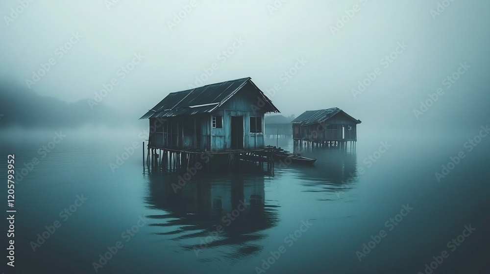 Two houses on stilts in a foggy landscape reflecting on the water in an ethereal scene Two houses on stilts in a foggy landscape reflecting on the water in an ethereal scene