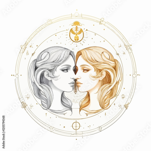 Gemini zodiac sign logo, Wheel of Twelve Symbols, Horoscope and Astrology, Fortune Telling, white Background.