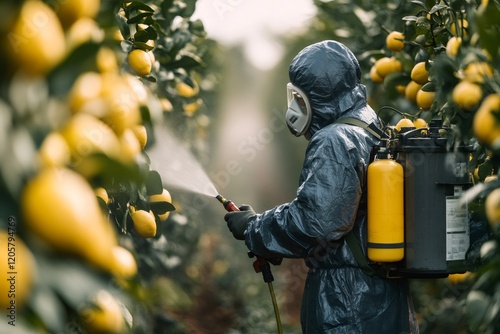 Farmer spraying insecticide on lemon trees in orchard wearing hazmat suit