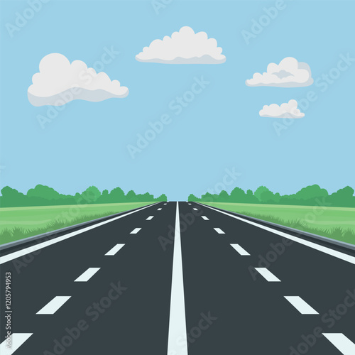 Flat Landscape Design with Road. Scenic Cartoon Highway, Nature Background. Cute Outdoors Scene with Road, Highway, Track, Front View. Vector Illustration