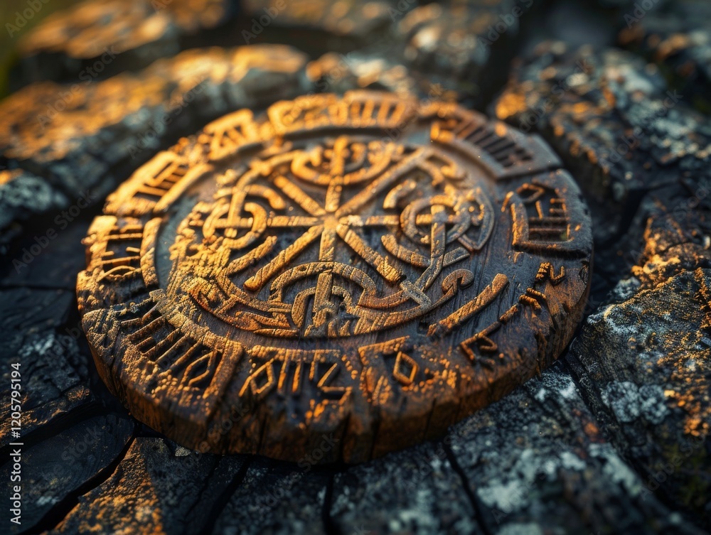 Ancient symbol wooden carving runes nordic viking pattern historic mythology pagan culture art relic artifac Ancient symbol wooden carving runes nordic viking pattern historic mythology pagan culture art relic artifac