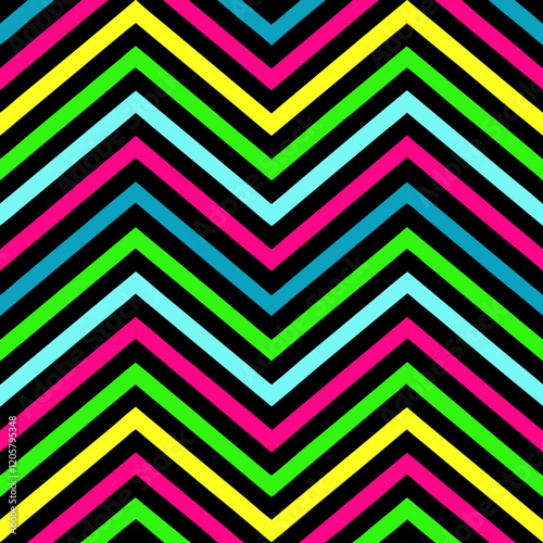 A bold and dynamic zigzag pattern with thick alternating stripes of neon colors like hot pink, lime green, and electric blue, on a black background for contrast