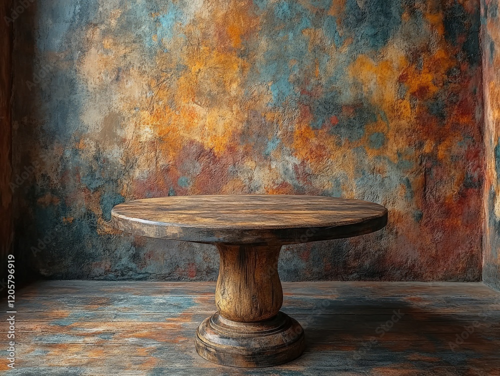 A rustic wooden table against a textured, colorful wall, creating a warm atmosphere. A rustic wooden table against a textured, colorful wall, creating a warm atmosphere.
