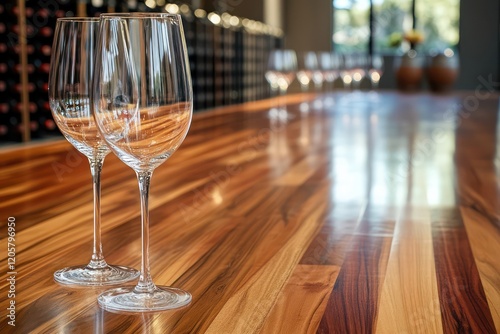 Upscale wine tasting event in a sleek, modern winery with polished wooden floors and elegant glassware.