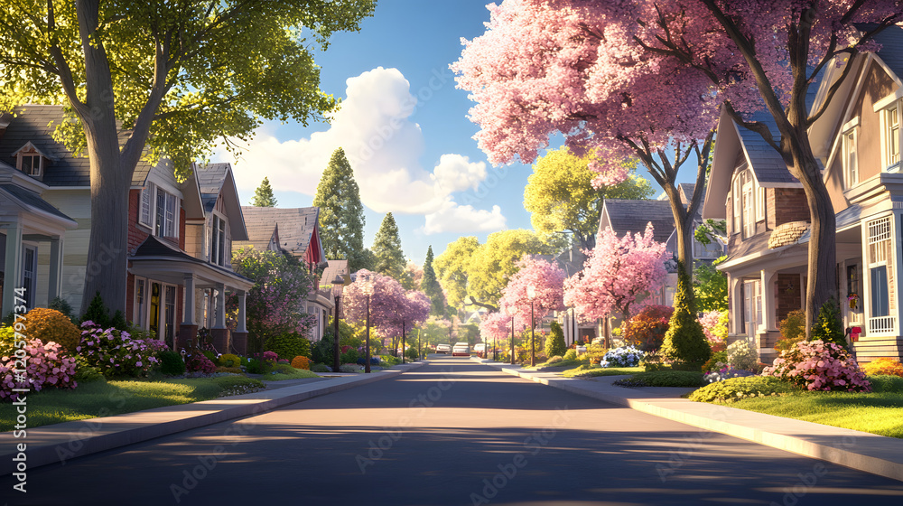 Naklejka premium A quiet suburban neighborhood with tree-lined streets and charming houses