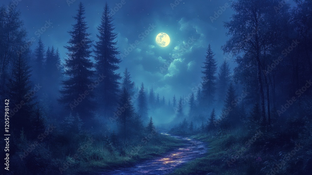Enchanted Moonlit Forest Path: A Serene Night Scene Enchanted Moonlit Forest Path: A Serene Night Scene