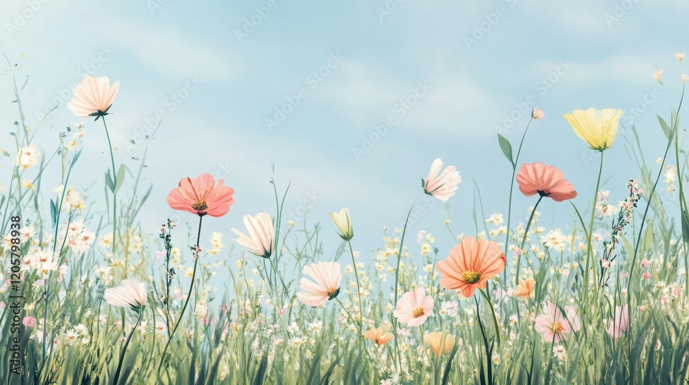 Fototapeta premium serene spring meadow with blooming wildflowers in soft pastel hues and vibrant blossoms with a clear sky illustration