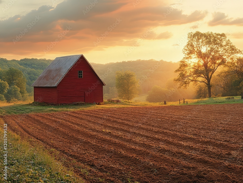 A serene sunset over a red barn and freshly plowed field in a rural landscape. A serene sunset over a red barn and freshly plowed field in a rural landscape.