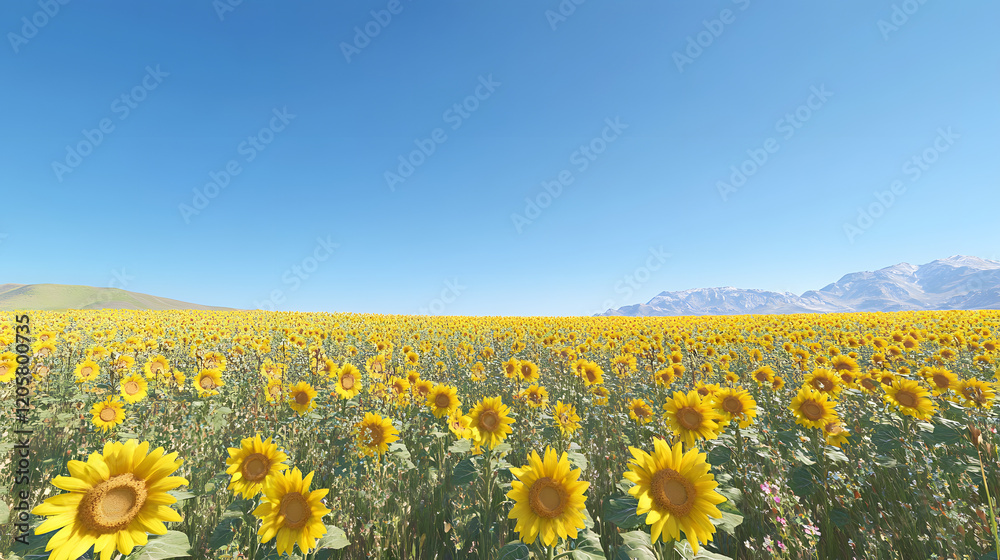 Fototapeta premium A field of bright yellow sunflowers under a clear blue sky