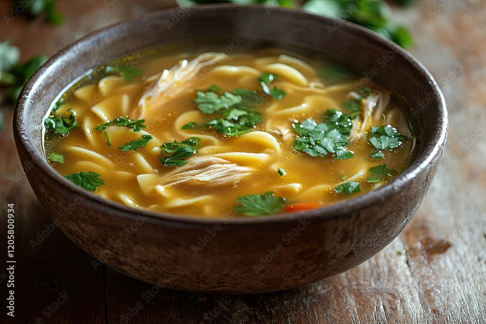 warm stock photo of chicken noodle soup bowl with fresh herbs and golden broth sitting on rustic wooden table with warm stock photo of chicken noodle soup bowl with fresh herbs and golden broth sitting on rustic wooden table with