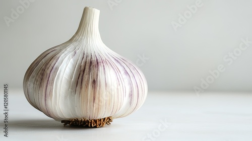 whole head of garlic with its papery skin intact placed on smooth white surface with soft natural lighting