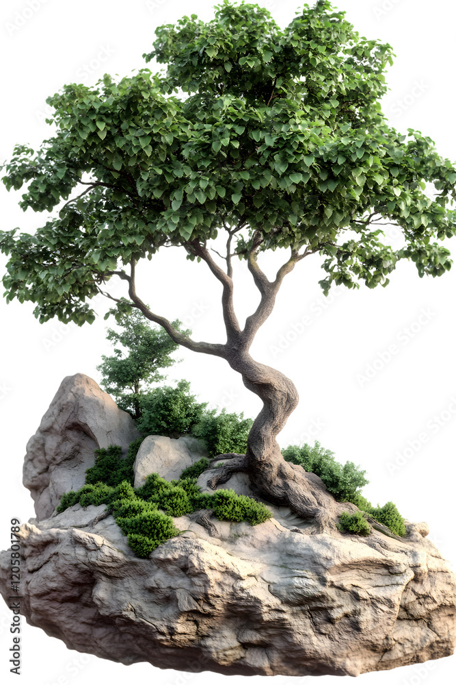 Tree on Rocky Base with Green Foliage Isolated on White Background Tree on Rocky Base with Green Foliage Isolated on White Background