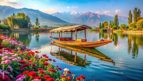 Traditional wooden Shikara boat gently floating on serene waters of Dal Lake in Srinagar amidst lush greenery and colorful flowers, india, jammu kashmir