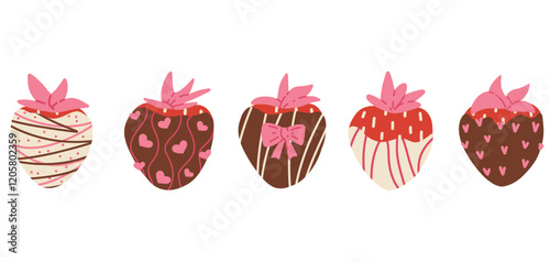Cartoon strawberry dipped in chocolate. Set of strawberries covered with chocolate isolated on a white background, vector hand drawn illustration