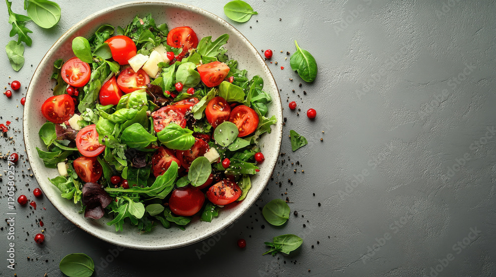 Fresh salad bowl with vibrant tomatoes, greens, and herbs, showcasing healthy and colorful meal. Perfect for nutritious diet and appealing presentation Fresh salad bowl with vibrant tomatoes, greens, and herbs, showcasing healthy and colorful meal. Perfect for nutritious diet and appealing presentation