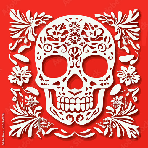 Day of the Dead Sugar Skull with Floral Papel Picado Design
