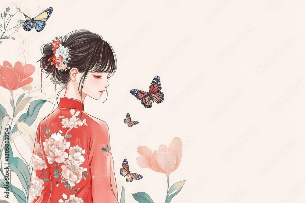 A girl wears a cheongsam with traditional floral patterns and butterfly patterns on the cheongsam on a blank background A girl wears a cheongsam with traditional floral patterns and butterfly patterns on the cheongsam on a blank background