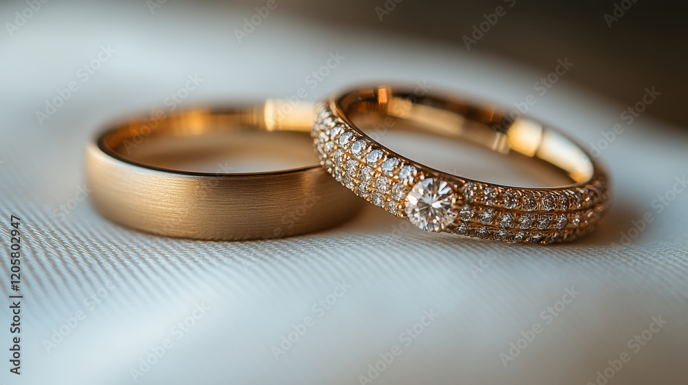 Elegant wedding rings with intricate designs resting on soft fabric, symbolizing love and commitment. rings feature classic band and sparkling diamond studded ring Elegant wedding rings with intricate designs resting on soft fabric, symbolizing love and commitment. rings feature classic band and sparkling diamond studded ring