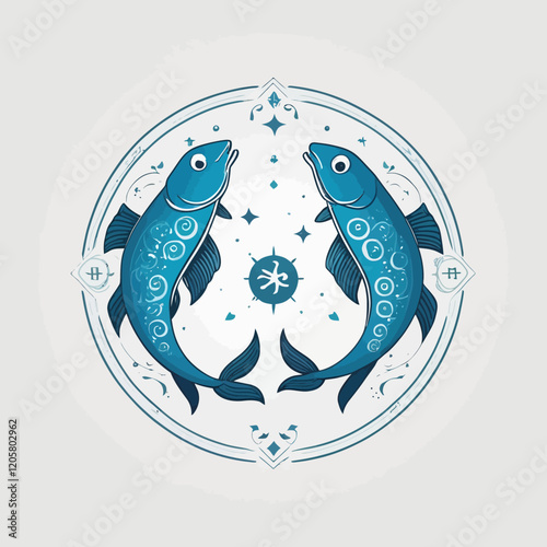 Pisces logo, Wheel of Twelve Symbols, Horoscope and Astrology, Fortune Telling, white Background.