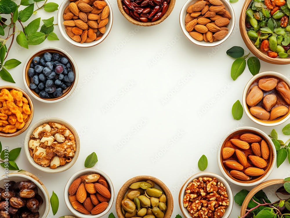 Obraz premium Assorted Nuts Fruits and Greens Arranged in a Frame