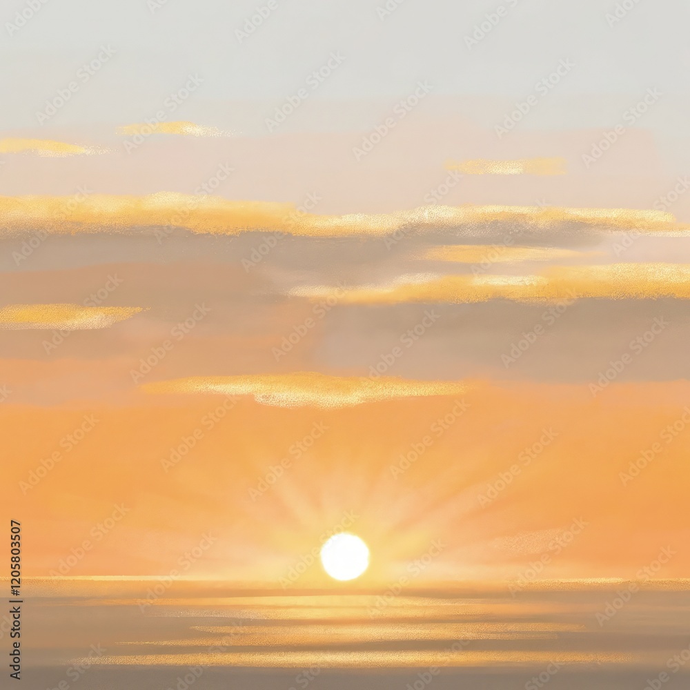 Bright Sunrise Over Calm Ocean Horizon With Soft Clouds. Generative AI Bright Sunrise Over Calm Ocean Horizon With Soft Clouds. Generative AI