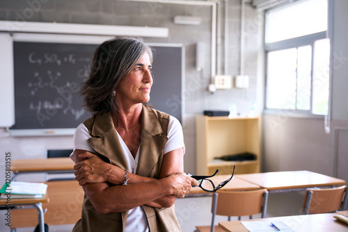 A teacher stands alone in an empty classroom, gazing thoughtfully out of the window. The scene captures a moment of reflection, introspection, and quiet contemplation in an educational setting photo