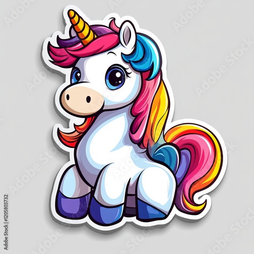 Cute and Colorful Unicorn Cartoon Character with Rainbow Mane and Tail on a Simple Background