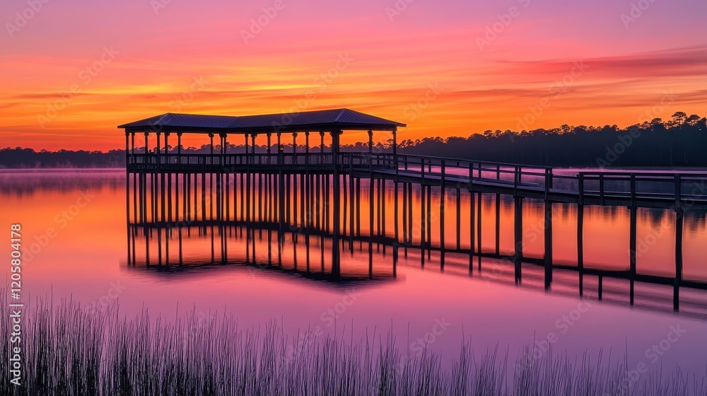 Obraz premium wooden pier extends into the water, creating a sense of depth and inviting the viewer into the serene landscape. Sunrise or sunset over the lake