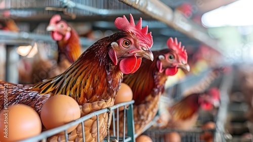 Chickens in a modern poultry facility, thriving in well-lit cages with high-tech systems ensuring their health and care