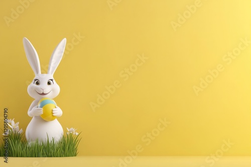 minimalist cartoon 3d render of smiling easter bunny holding colorful egg vibrant holographic gradient colors playful photo