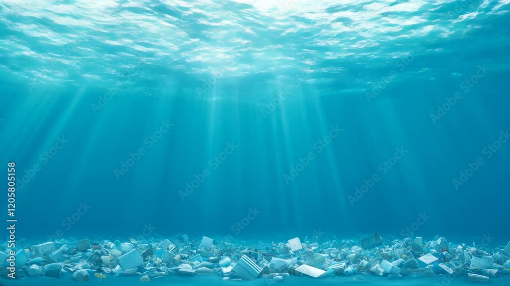 Sunlight beams through the ocean, illuminating a seafloor covered with plastic waste Sunlight beams through the ocean, illuminating a seafloor covered with plastic waste